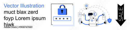 Online security, data protection, password safety, digital identity, automation, sale. A lock icon and robot illustration with arrows and shields. Cybersecurity and data protection visualization