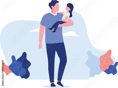 Father and daughter vector - Illustration of dad carrying little girl in arm. Parenting concept, flat design with white background.
