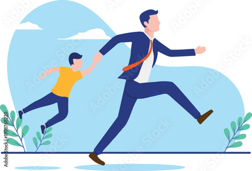 Running father with child - Parent with kid is late for work stressing and having urgency because of time pressure. Flat design vector illustration with white background.