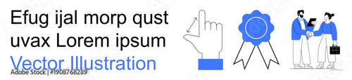 Professional collaboration, recognition, teamwork, digital interaction, certifications, leadership. a hand gesture, award ribbon and business professionals. Collaboration and recognition concepts