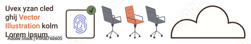Cloud computing, office workspace setup, technology integration, biometrics, virtual teamwork, identity verification. Three office chairs, a fingerprint icon and a cloud symbol. Cloud computing