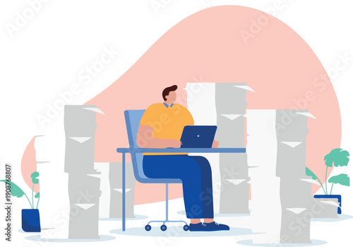 Having lots of work to do - Person sitting at desk in office with big stacks of paperwork feeling overburdened. Bureaucracy concept, flat design cartoon vector illustration