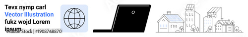Digital communication, remote work, global connection, urban planning, eco-friendly design, technology usage. Black laptop, globe icon and a line-art cityscape. Digital communication and urban