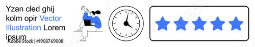 Business productivity, time management, service reviews, online ratings, workplace goals, customer satisfaction. A person analyzing data, a clock and a five-star rating. Time management and customer