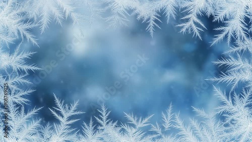 Frosty blue background with intricate frost patterns on a windowpane
