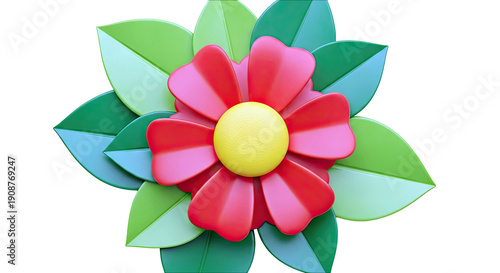 Stylized Red Flower with Green Leaves on White Background