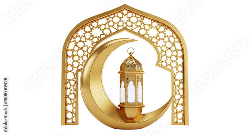 Golden Ramadan Lantern and Crescent Moon with Islamic Arch