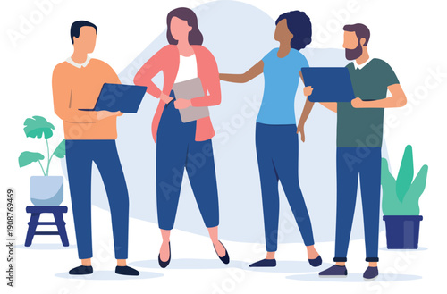 Office team of people - Teamwork between group of four casual smiling businesspeople working in IT holding laptop computers and being friends. Flat design vector illustration with white background