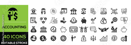 Accounting and bookkeeping line icon set in modern outline style. Collection includes ledger, invoice, calculator, finance, payment, tax, budget, balance sheet, coins, and money management symbols.