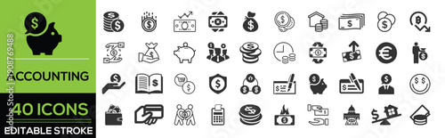 Accounting and bookkeeping line icon set in modern outline style. Collection includes ledger, invoice, calculator, finance, payment, tax, budget, balance sheet, coins, and money management symbols.