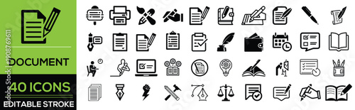 Document and file line icon set in modern outline style. Collection includes PDF, Word, Excel, spreadsheet, folder, report, paper, document, archive, and file management symbols. Editable stroke.