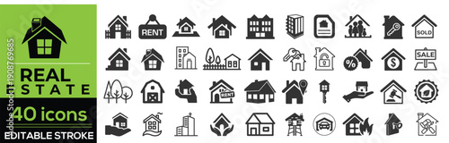 Real estate and property line icon set in modern outline style. Collection includes house, apartment, office building, sale, rent, property, key, contract, and land symbols. Editable stroke vector 