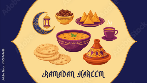 Ramadan Kareem Food Icons: Dates, Samosas, Soup, Flatbread, Tea, Tagine - Islamic Celebration