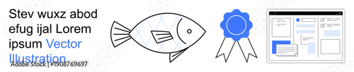 Marine life, achievement, online content, creative work, professional development, business solutions. Black-outlined fish graphic, blue award ribbon website layout details. Marine life