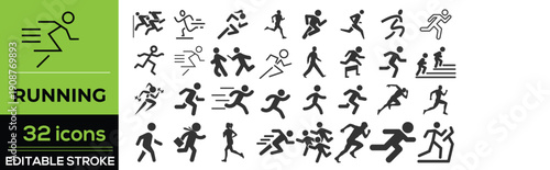 Running and jogging line icon set in modern outline style. Collection includes runner, jogging, marathon, sprint, training, fitness tracking, stopwatch, running shoes, and athletic symbols. 