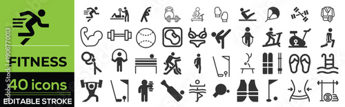 Fitness and exercise line icon set in modern outline style. Collection includes gym, workout, running, cycling, weightlifting, dumbbells, yoga, training, and physical activity symbols.