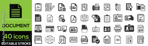 Document and file line icon set in modern outline style. Collection includes document, file, folder, report, paper, PDF, text file, clipboard, and office symbols. Editable stroke vector illustration 