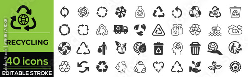 Recycle and environmental line icon set in modern outline style. Collection includes recycling, waste management, eco-friendly, sustainability, green energy, compost, trash, and environmental symbols.