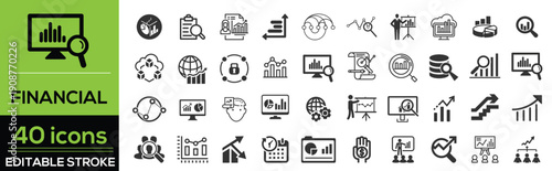 Financial and finance line icon set in modern outline style. Collection includes money, banking, investment, accounting, credit, debit, currency, financial growth, and economic symbols. 