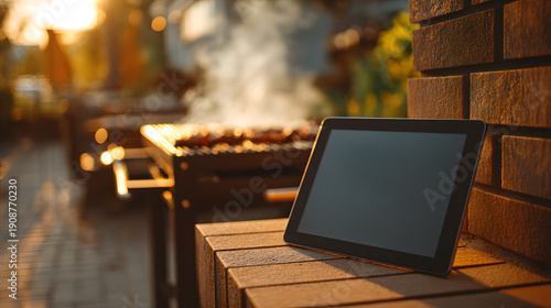 A tablet mockup with a black screen is leaning against a brick wall. Sunset on a terrace with a grill in the background.