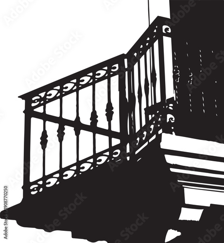 Vintage staircase with ornate metal railing silhouette creating dramatic shadows in building interior