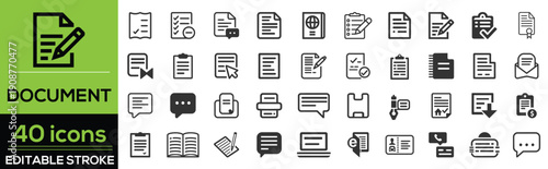 Document and file line icon set in modern outline style. Collection includes paper, folder, PDF, text file, report, archive, clipboard, and digital document symbols. Editable stroke vector 