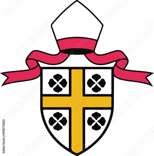 Heraldic coat of arms with miter hat and pink ribbon featuring yellow cross on black and white shield