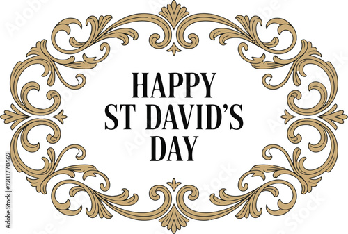 Happy St David's Day text in ornate gold frame, Welsh celebration of patron saint