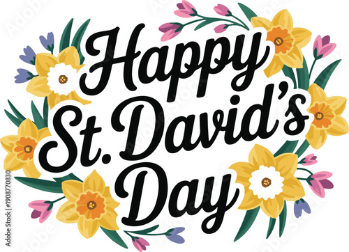 Happy st davids day floral oval frame with yellow daffodils and pink blossoms greeting card
