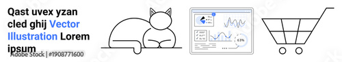 E-commerce, analytics, pet-related content, online business, data visualization, and consumer trends. Black-and-white icons of a cat, analytics interface and shopping cart. E-commerce and data