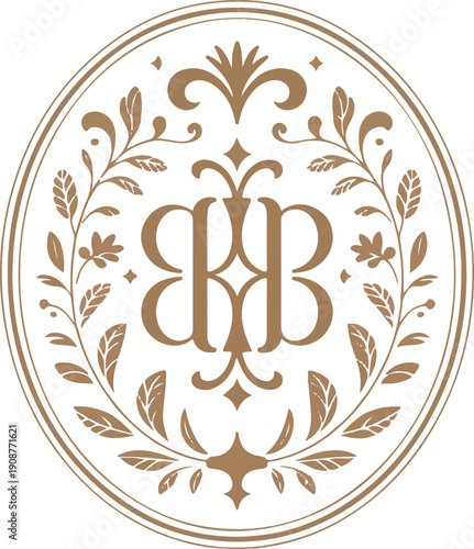 Circular ornate frame with central stylized initial bb and floral accents in a classic style