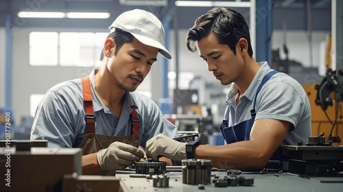 Two Asian men in work clothes meticulously assemble a small metallic component in a factory
