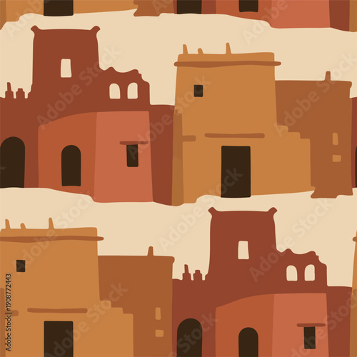 Old middle eastern clay buildings seamless pattern, traditional adobe houses backdrop