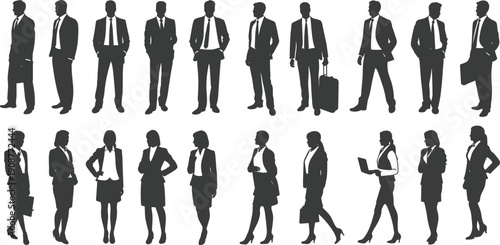 Flat vector silhouettes of male and female business professionals standing walking holding briefcases laptops suitcases diverse corporate attire posture collection
