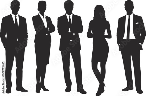 Flat vector silhouettes of professional business people standing in row confident poses teamwork corporate attire suits ties skirts blouses illustration