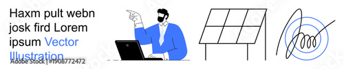 Business communication, technology, renewable energy, administrative workflows, fraud prevention, sustainability. A man gestures at a laptop, next to a solar panel and a canceled signature symbol