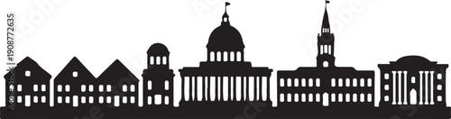 Silhouette skyline of historic city buildings featuring classic architecture domes and clock towers