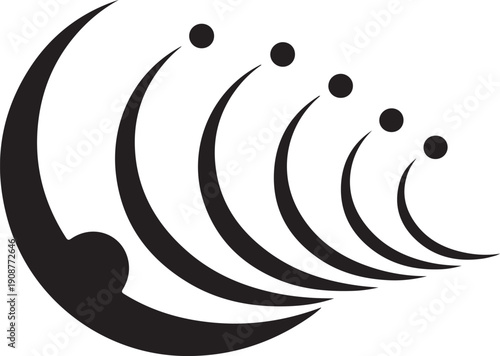 Abstract crescent shapes with circular dots forming rhythmic pattern representing movement and flow