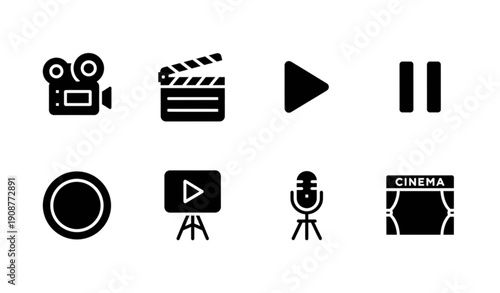 Black Video and Film Solid Glyph Icon Set Isolated on White