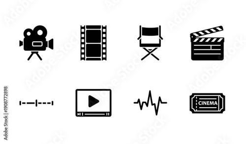 Black Video and Film Silhouette Icon Set Flat Vector