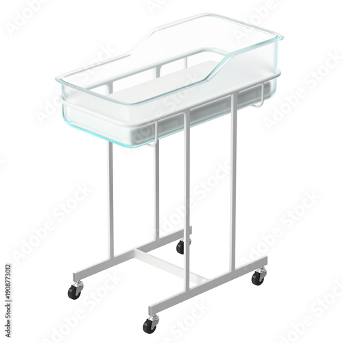 Tableau sur toile Modern hospital bassinet with clear plastic basin and white metal frame on wheel