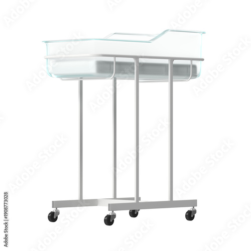 Obraz na plátně Modern hospital bassinet with clear plastic basin and rolling wheels on a white