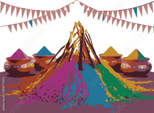 Holi festival scene with bonfire and earthen pots filled with vibrant powder colors