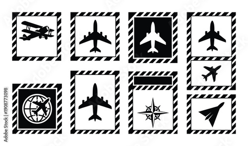 Aviation themed postage stamp silhouette vector design element graphic illustration set collection