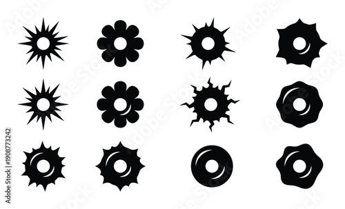 Bullet hole set round shot damaged effect grunge silhouette vector illustration on transparent backdrop