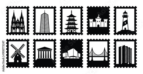 Buildings silhouette postage stamps landmark attraction vector design element graphic illustration