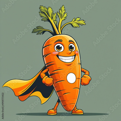 A cartoon carrot superhero wearing a cape and standing heroically