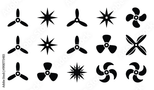 Collection of fifteen fan and star shaped vector graphic symbols on transparent background