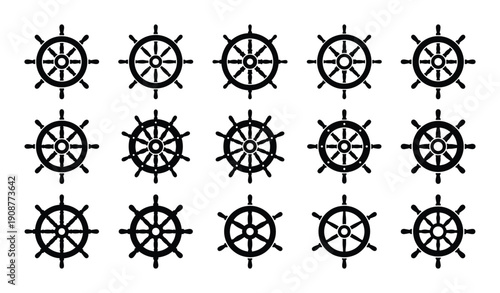 Collection of ship wheels for nautical design with navigation symbol on transparent backdrop