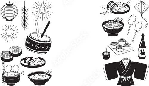 Asian cuisine and festival elements set including sushi ramen drum lantern and traditional clothing